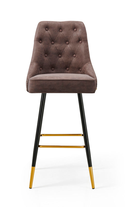 Modern Bar Chair Leather Stool Counter Brown Mid-Century Wood x 2 - STripleB 