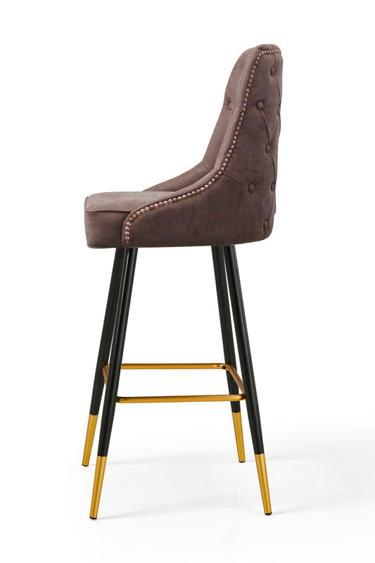 Modern Bar Chair Leather Stool Counter Brown Mid-Century Wood x 2 - STripleB 