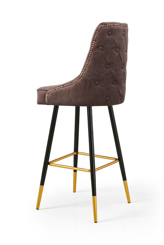 Modern Bar Chair Leather Stool Counter Brown Mid-Century Wood x 2 - STripleB 