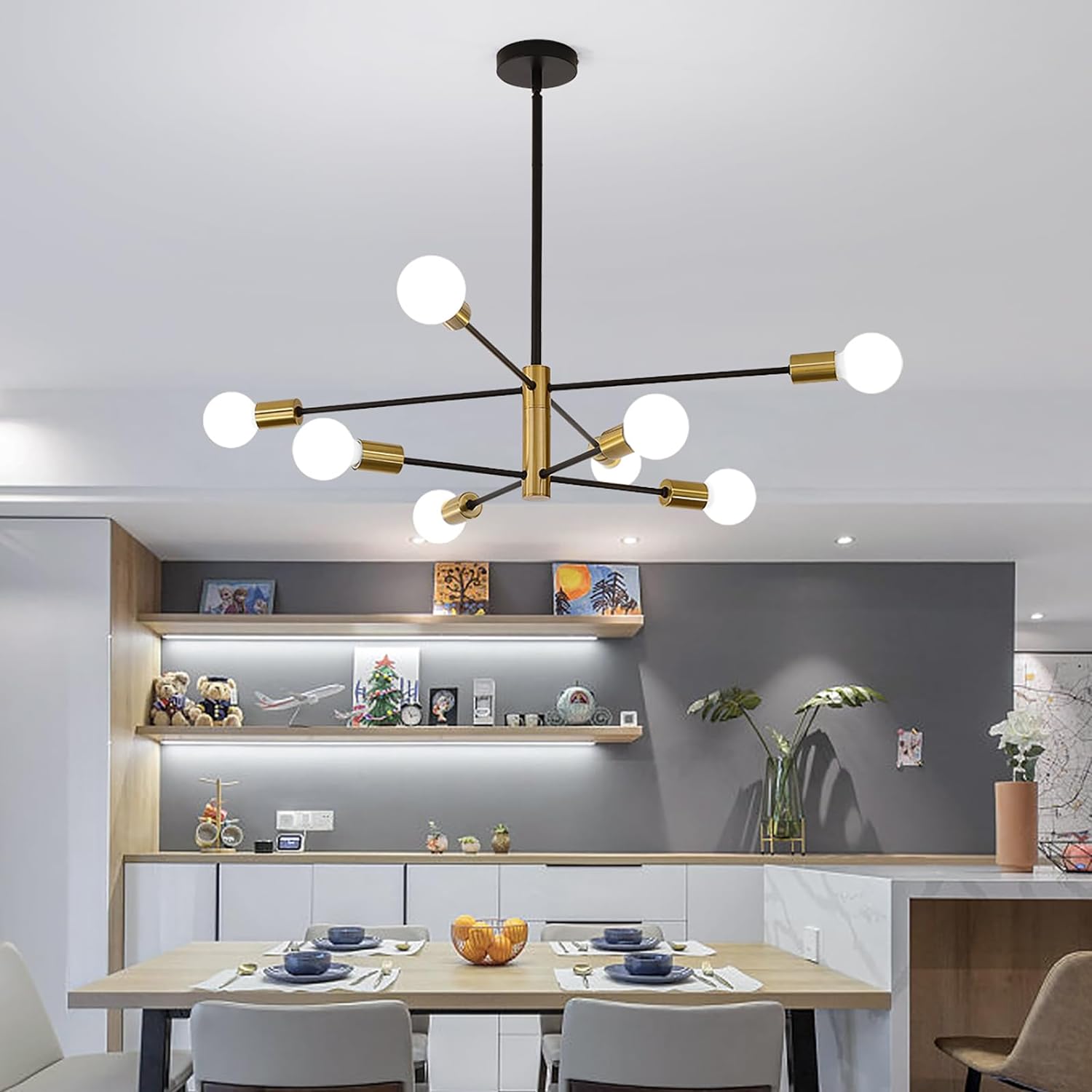 Sputnik Chandelier Modern Industrial, 8-Light , Black & Gold - STripleB 