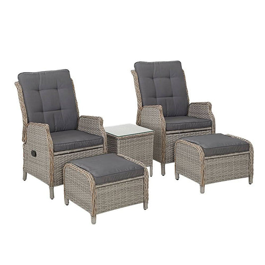 5PC Recliner Wicker Outdoor Furniture Adjustable - Grey - STripleB 