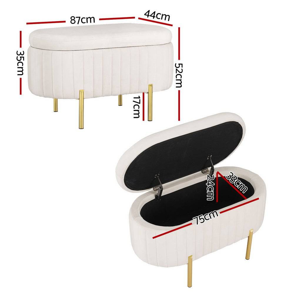 Artiss Velvet Oval White Storage Ottoman Blanket Box - STripleB 