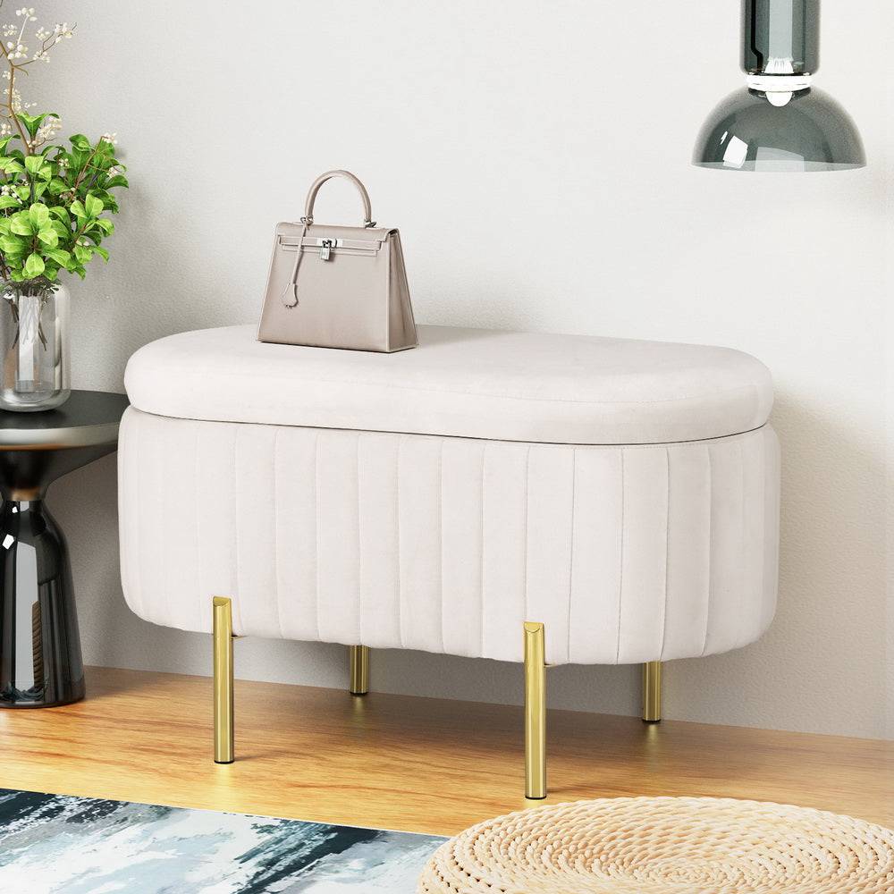 Artiss Velvet Oval White Storage Ottoman Blanket Box - STripleB 