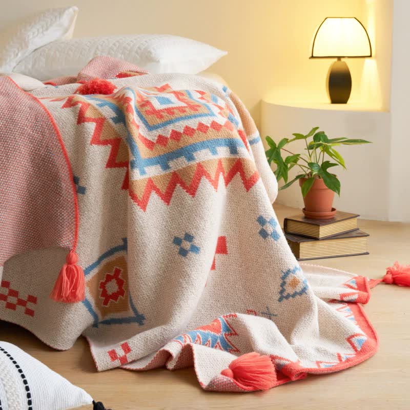 Orange Bohemian Geometric Tassel Throw Blanket - Soft Cotton Blend for Bedroom, Living Room, and Sofa 130x170cm - STripleB 