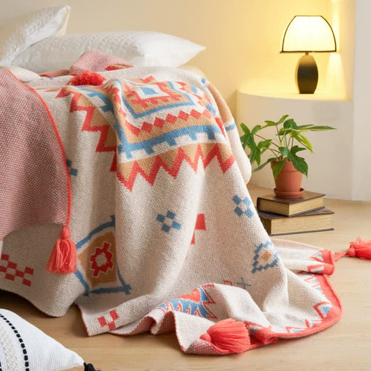 Orange Bohemian Geometric Tassel Throw Blanket - Soft Cotton Blend for Bedroom, Living Room, and Sofa 130x170cm - STripleB 