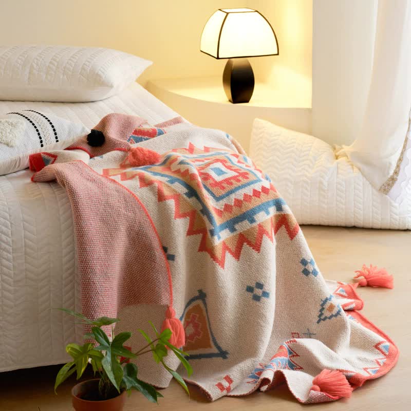 Orange Bohemian Geometric Tassel Throw Blanket - Soft Cotton Blend for Bedroom, Living Room, and Sofa 150x200cm - STripleB 