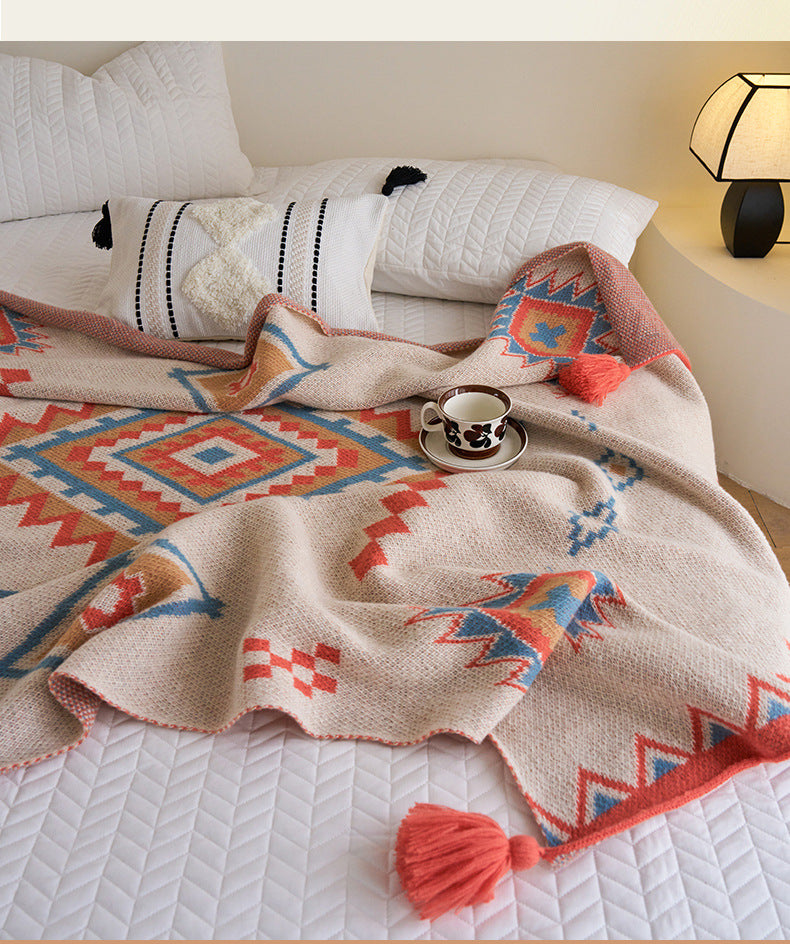 Orange Bohemian Geometric Tassel Throw Blanket - Soft Cotton Blend for Bedroom, Living Room, and Sofa 150x200cm - STripleB 
