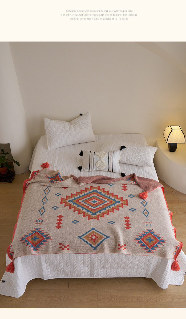 Orange Bohemian Geometric Tassel Throw Blanket - Soft Cotton Blend for Bedroom, Living Room, and Sofa 130x170cm - STripleB 