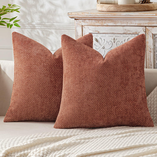 Pink Plush Chenille Cushion Covers Set of 2 - Soft Textured Decorative Throw Pillow Cases for Sofa Couch, 45x45cm - STripleB 
