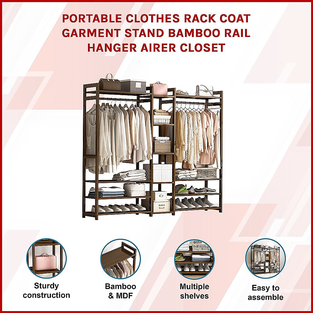 Portable Clothes Rack Coat Garment Stand - Bamboo - STripleB