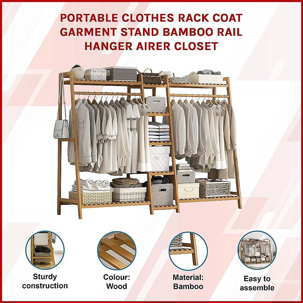 Portable Clothes Rack Coat Garment Stand - Bamboo - STripleB