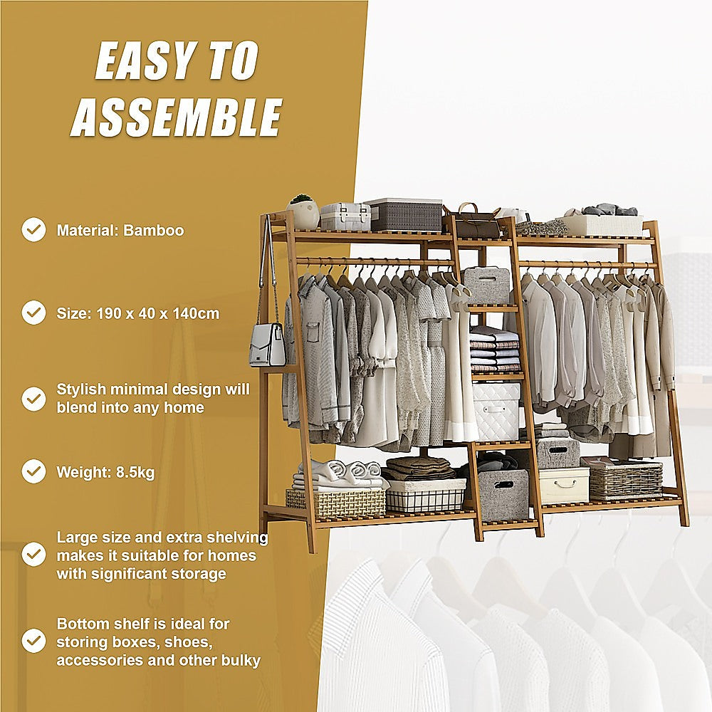 Portable Clothes Rack Coat Garment Stand - Bamboo - STripleB