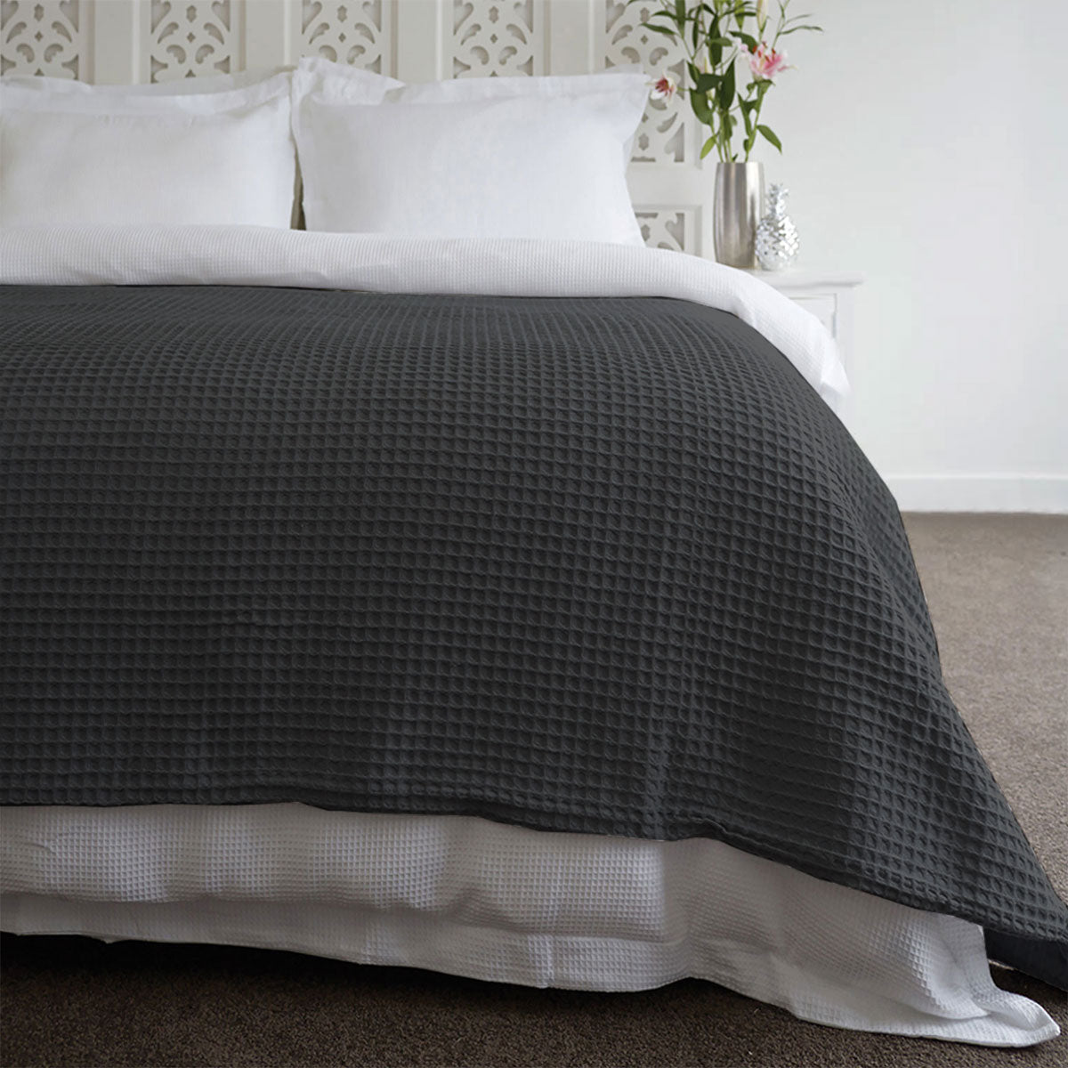 Jenny Mclean Ardent Premium Super Soft Cotton Waffle Blanket Charcoal Queen - STripleB 