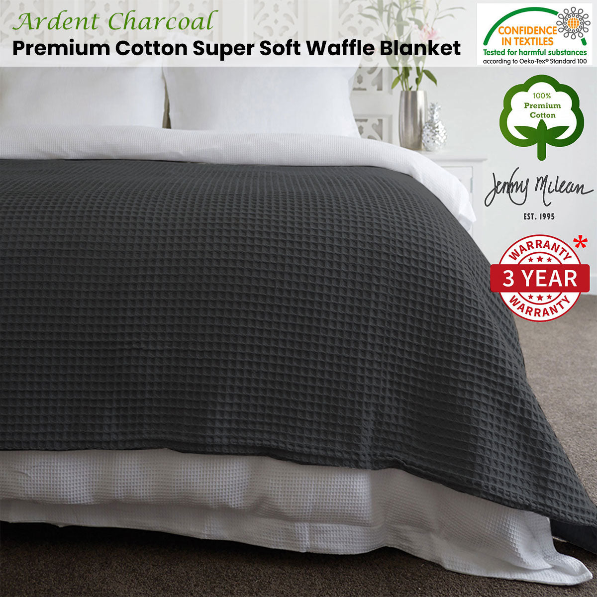 Jenny Mclean Ardent Premium Super Soft Cotton Waffle Blanket Charcoal Queen - STripleB 