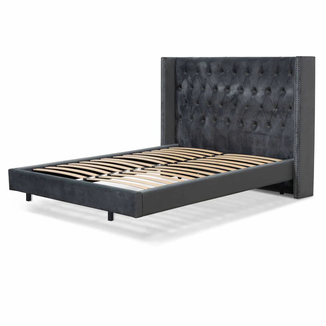 Calibre - Queen Bed Frame - Charcoal Velvet - side view - STripleB