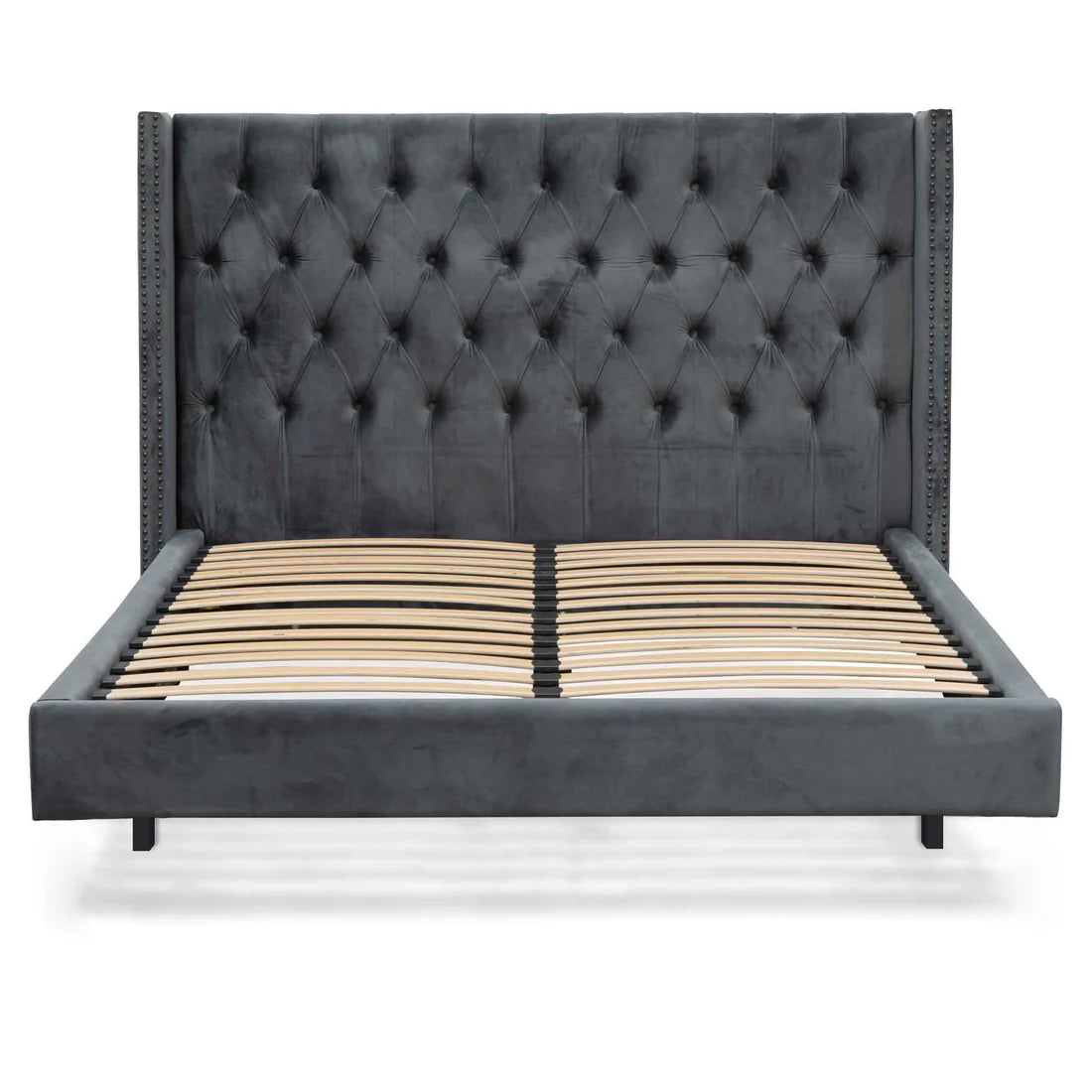Calibre - Queen Bed Frame - Charcoal Velvet - front view (frame only) - STripleB