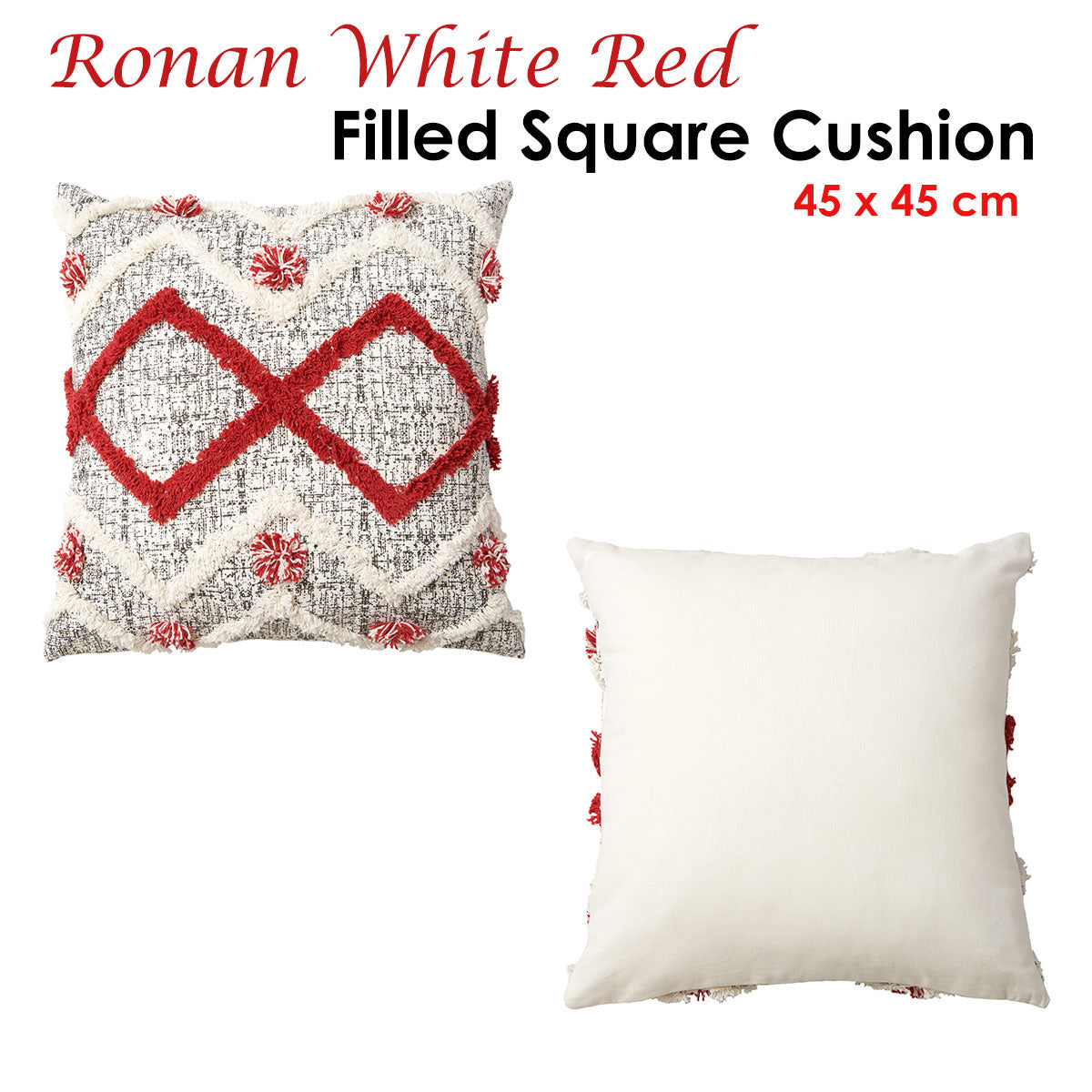 Ronan White - Red Filled Square Cushion - size - STripleB