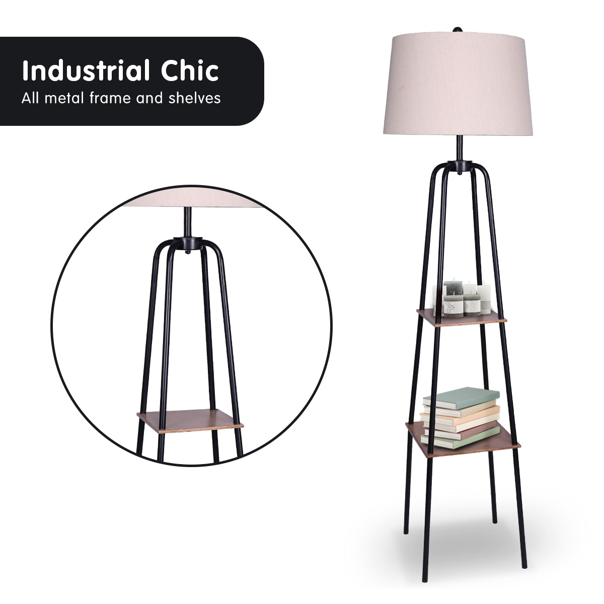 Sarantino Metal Etagere Floor Lamp Shade Metal Shelf in Wood Finish - STripleB