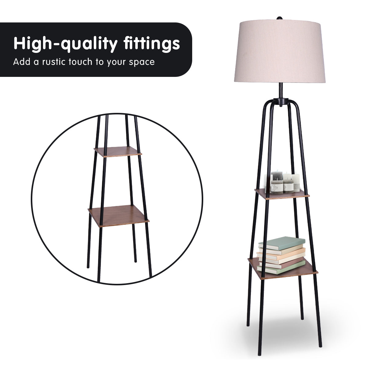 Sarantino Metal Etagere Floor Lamp Shade Metal Shelf in Wood Finish - STripleB