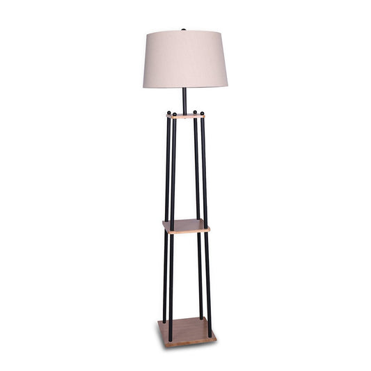 Sarantino Metal Etagere Floor Lamp Wood shelf Cream Fabric Shade - STripleB 