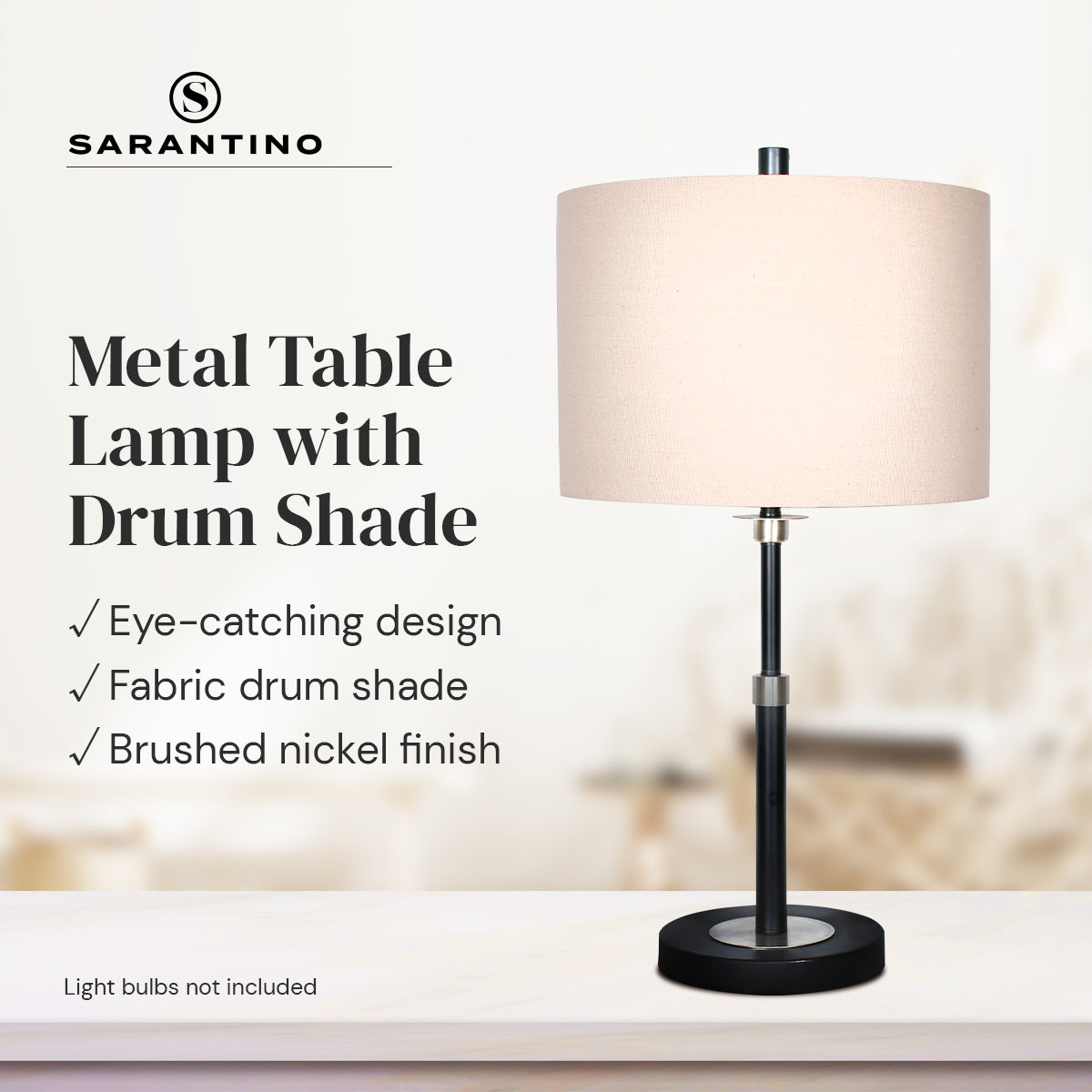 Sarantino Metal Table Lamp with Linen Drum Shade - STripleB 