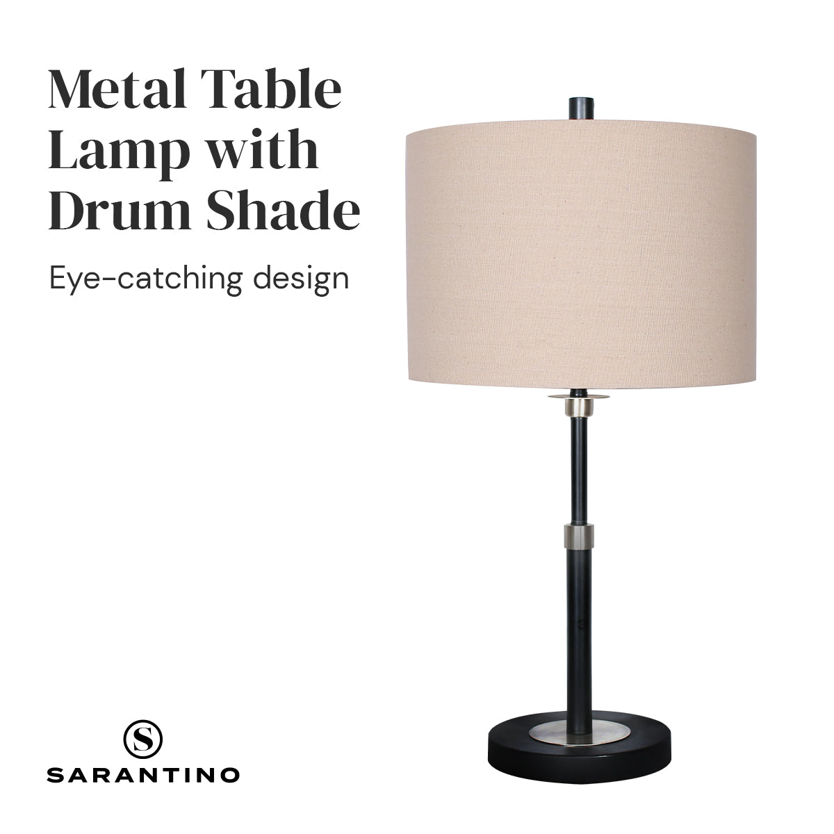 Sarantino Metal Table Lamp with Linen Drum Shade - STripleB 