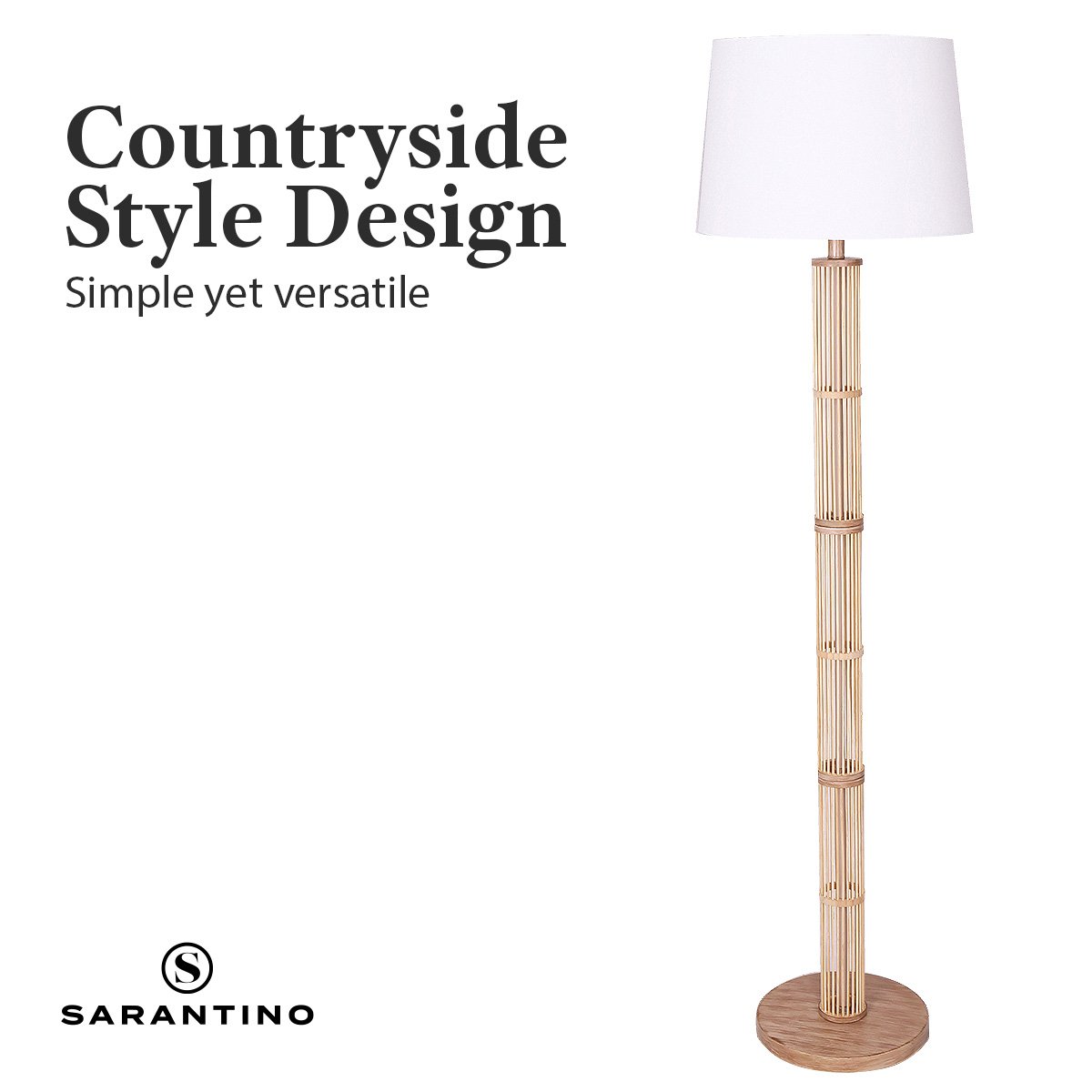 Sarantino Rattan Floor Lamp With Ghost-White Linen Shade - STripleB