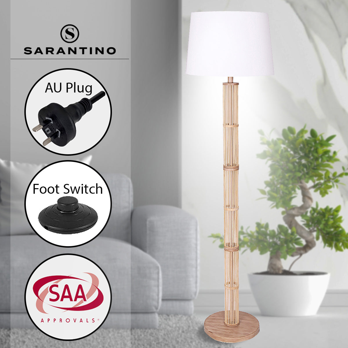 Sarantino Rattan Floor Lamp With Ghost-White Linen Shade - STripleB