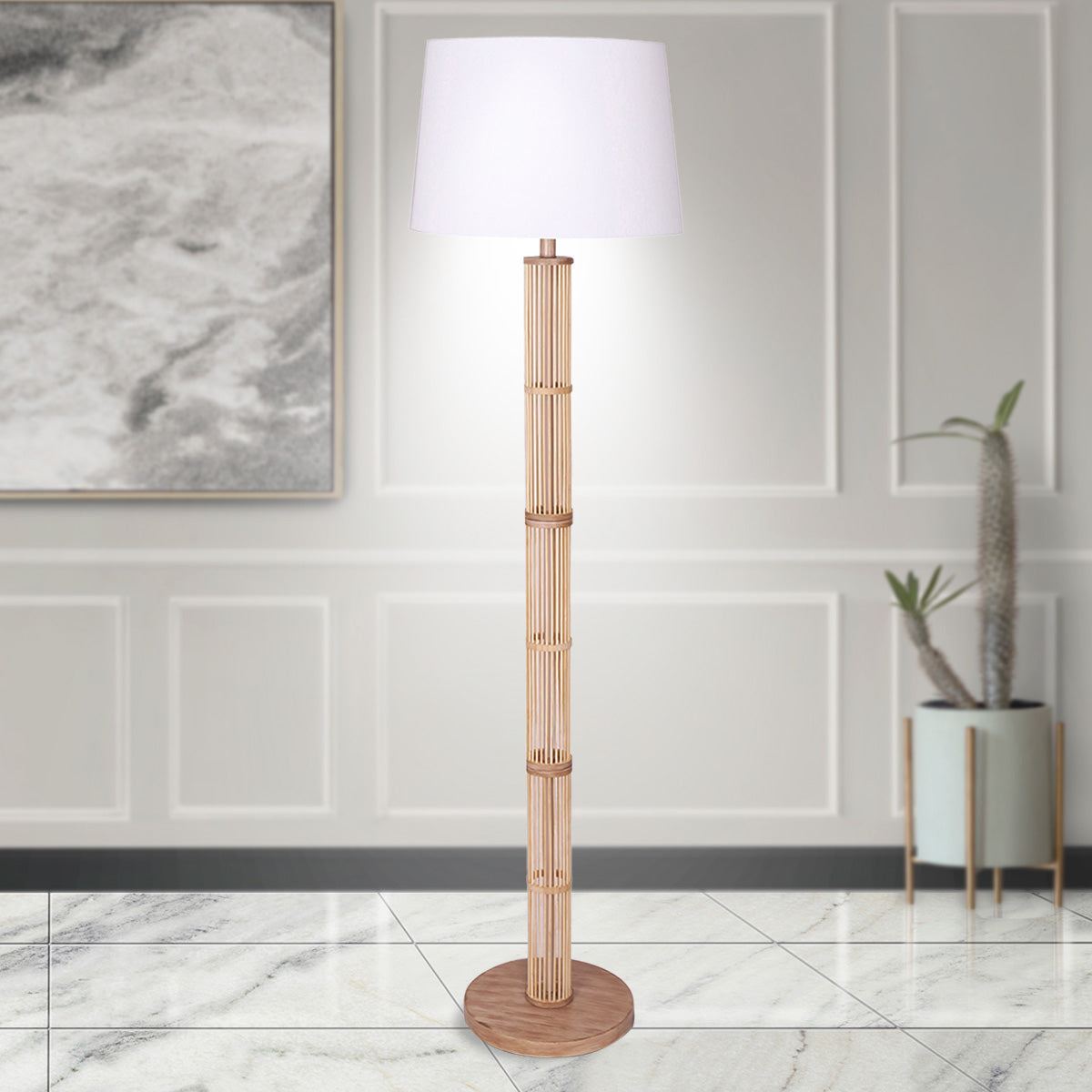 Sarantino Rattan Floor Lamp With Ghost-White Linen Shade - STripleB