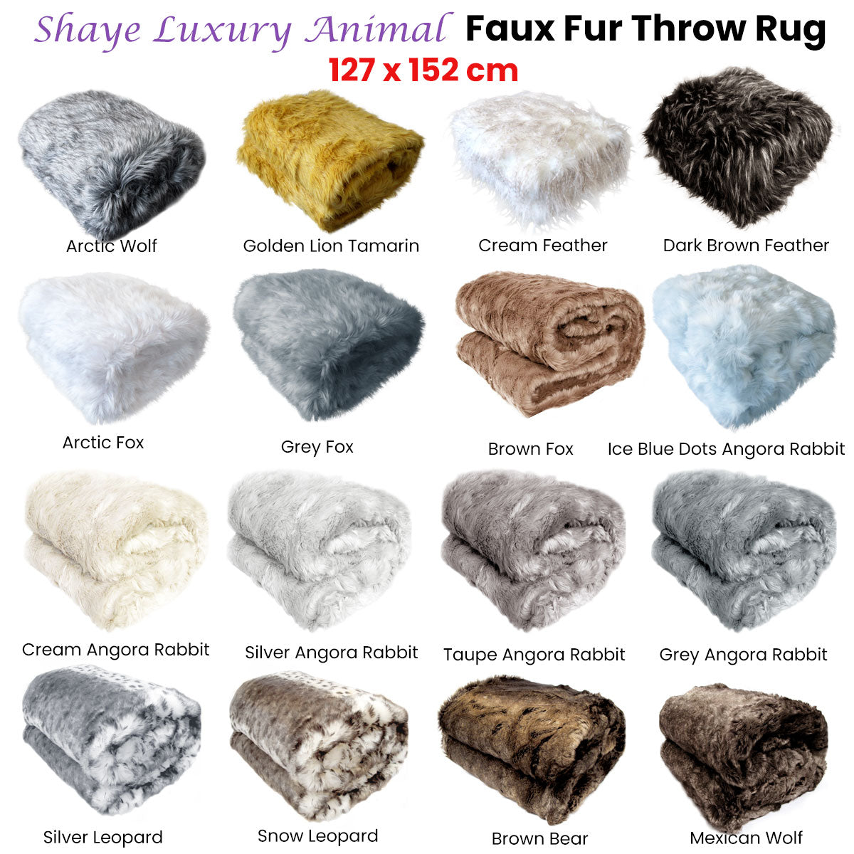 Shaye Luxury Range Faux Fur Throw Rug - 127 x 152 cm - Mexican Wolf - STripleB