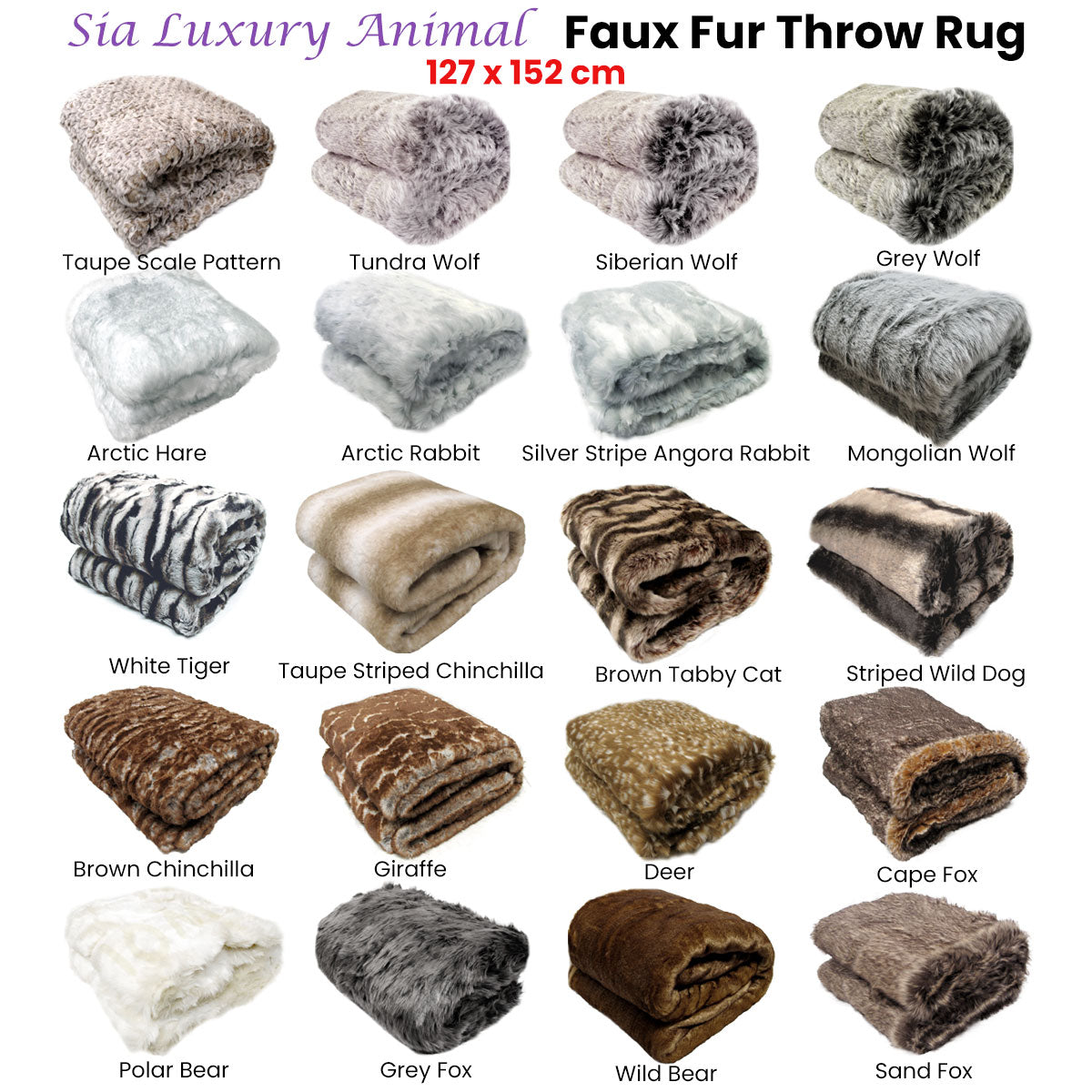 Sia Luxury Range Faux Fur Throw Rug - 127 x 152 cm - Mongolian Wolf - STripleB