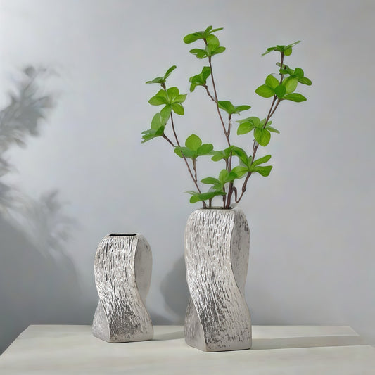Silver Abstract Twisted Ceramic Vase - Artistic Minimalist Flower Holder for Home Decor (20x10x10cm) - STripleB