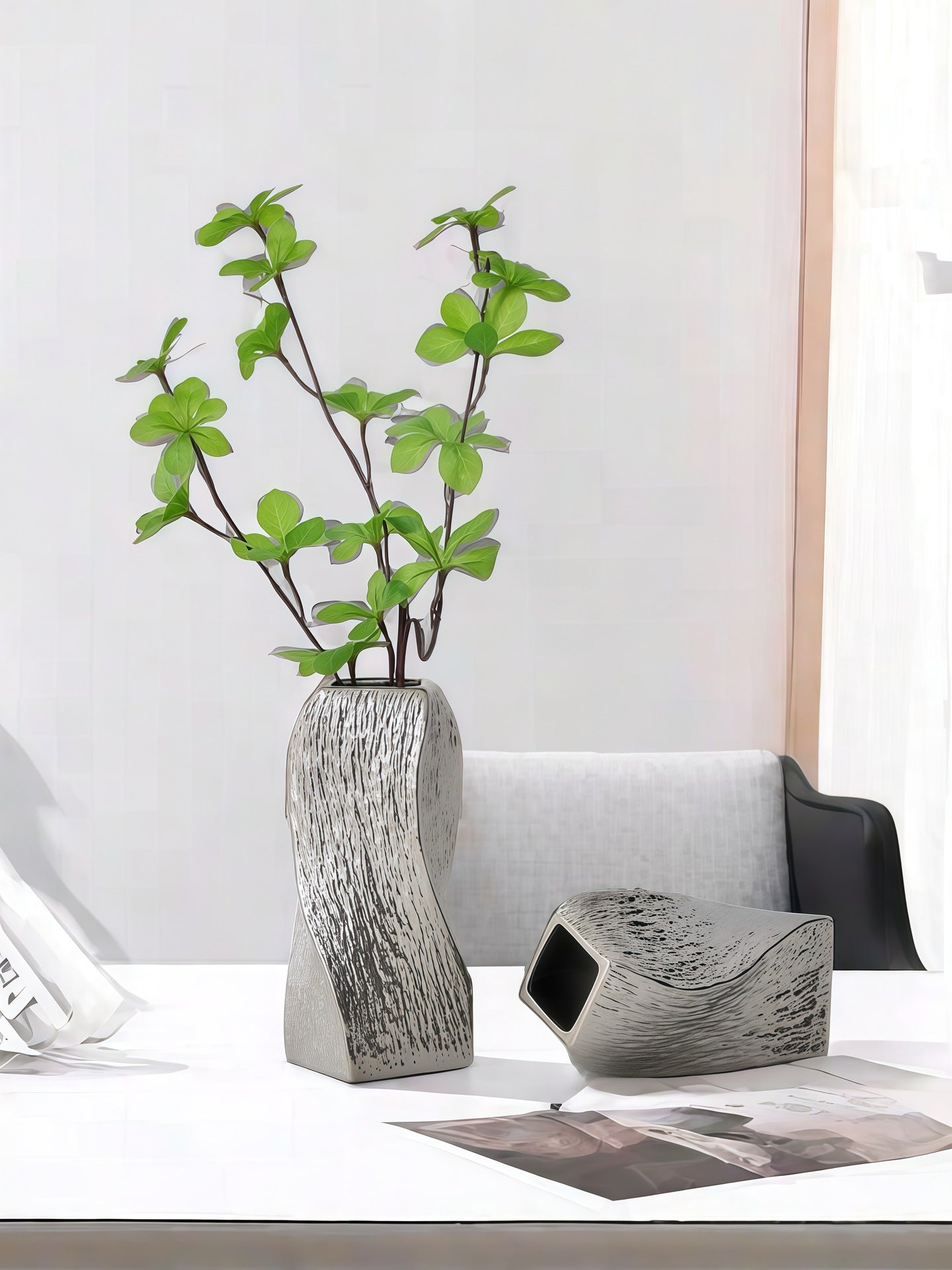 Silver Abstract Twisted Ceramic Vase - Artistic Minimalist Flower Holder for Home Decor (20x10x10cm) - STripleB