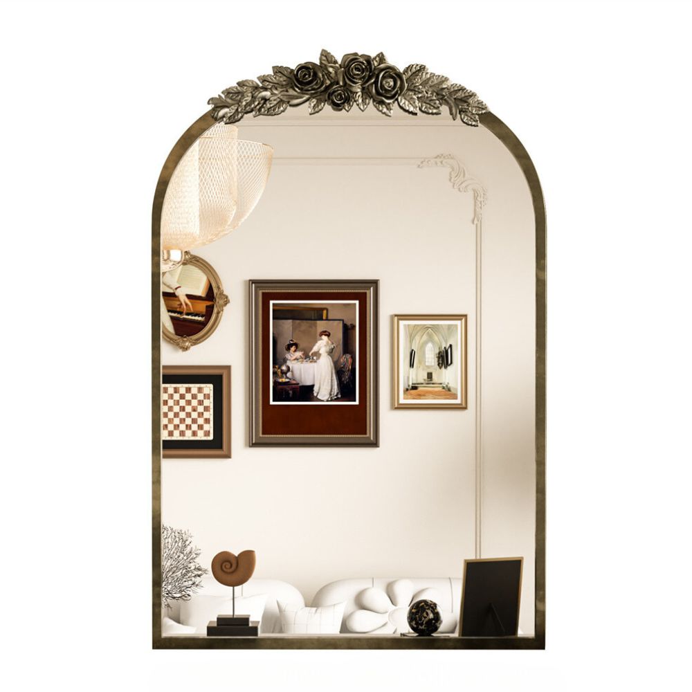 Stunning Baroque Brass Mirror Elegant Resin Rose Design - STripleB