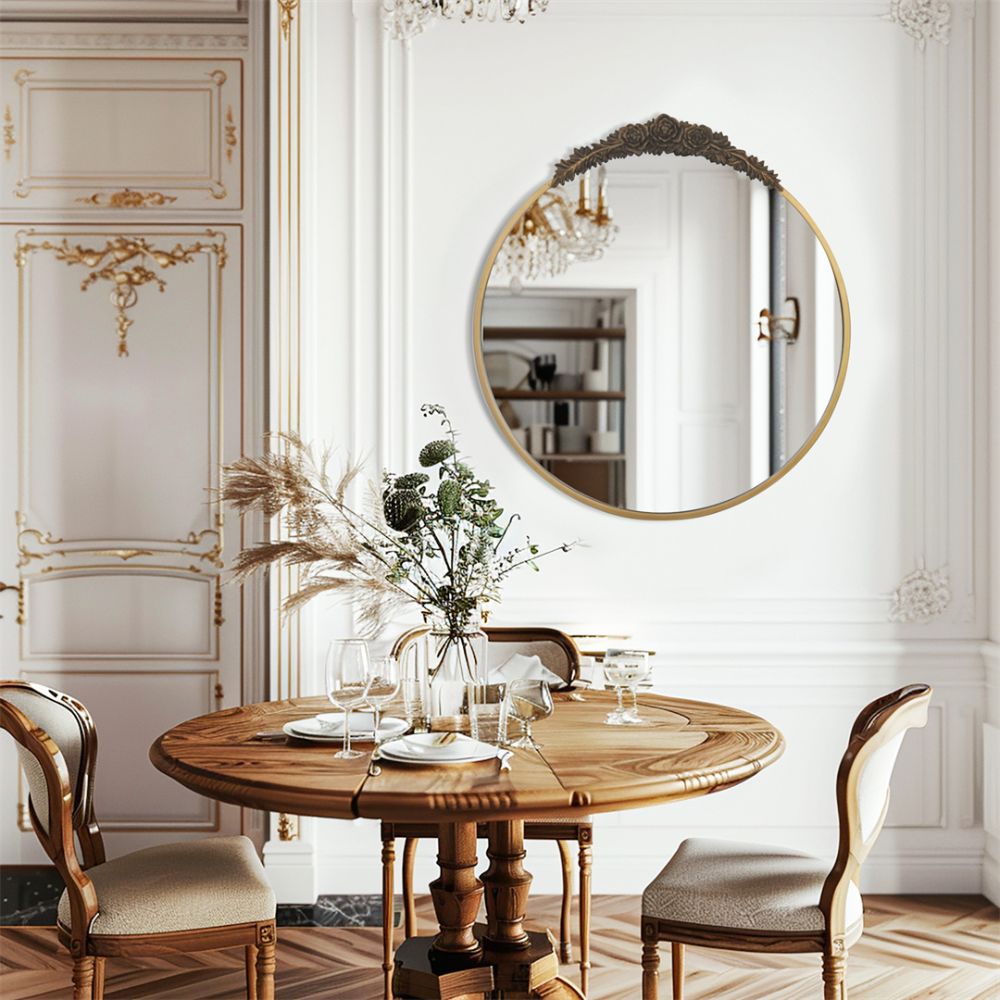 Stunning Baroque Brass Mirror Elegant Resin Rose Design - STripleB