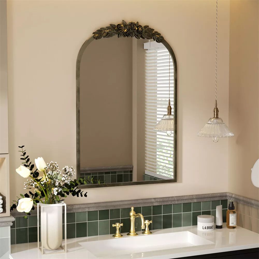 Stunning Baroque Brass Mirror Elegant Resin Rose Design - STripleB