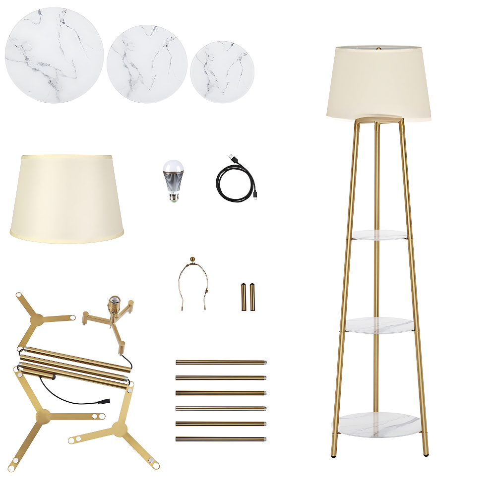 Tall Floor Lamp with 3-Tier Marble Shelves - STripleB