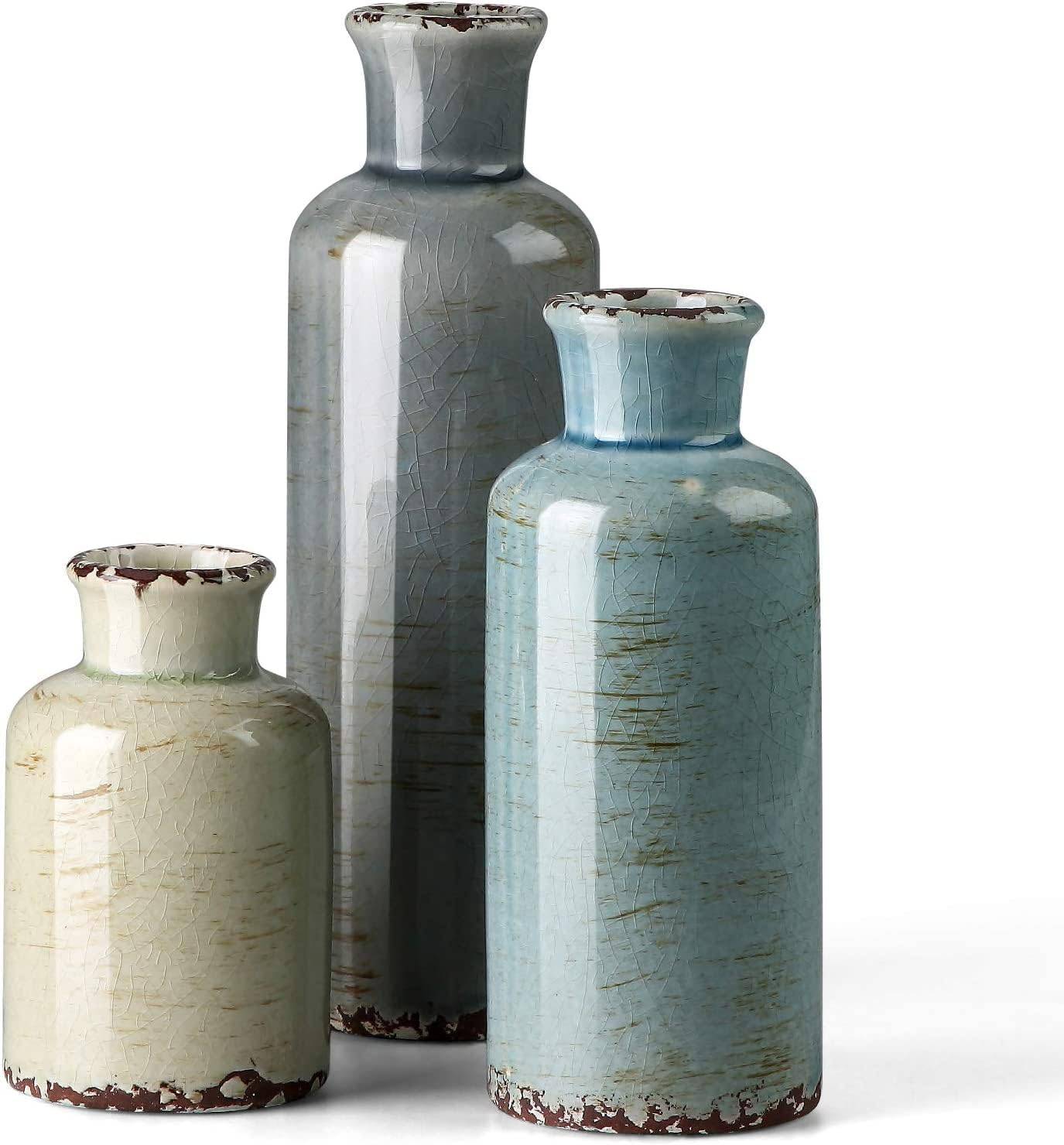 Set of 3 - Ceramic Vases Crackled Finish Blue Farmhouse - STripleB 