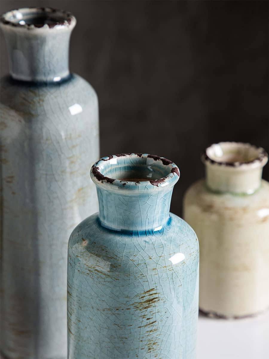 Set of 3 - Ceramic Vases Crackled Finish Blue Farmhouse - STripleB 