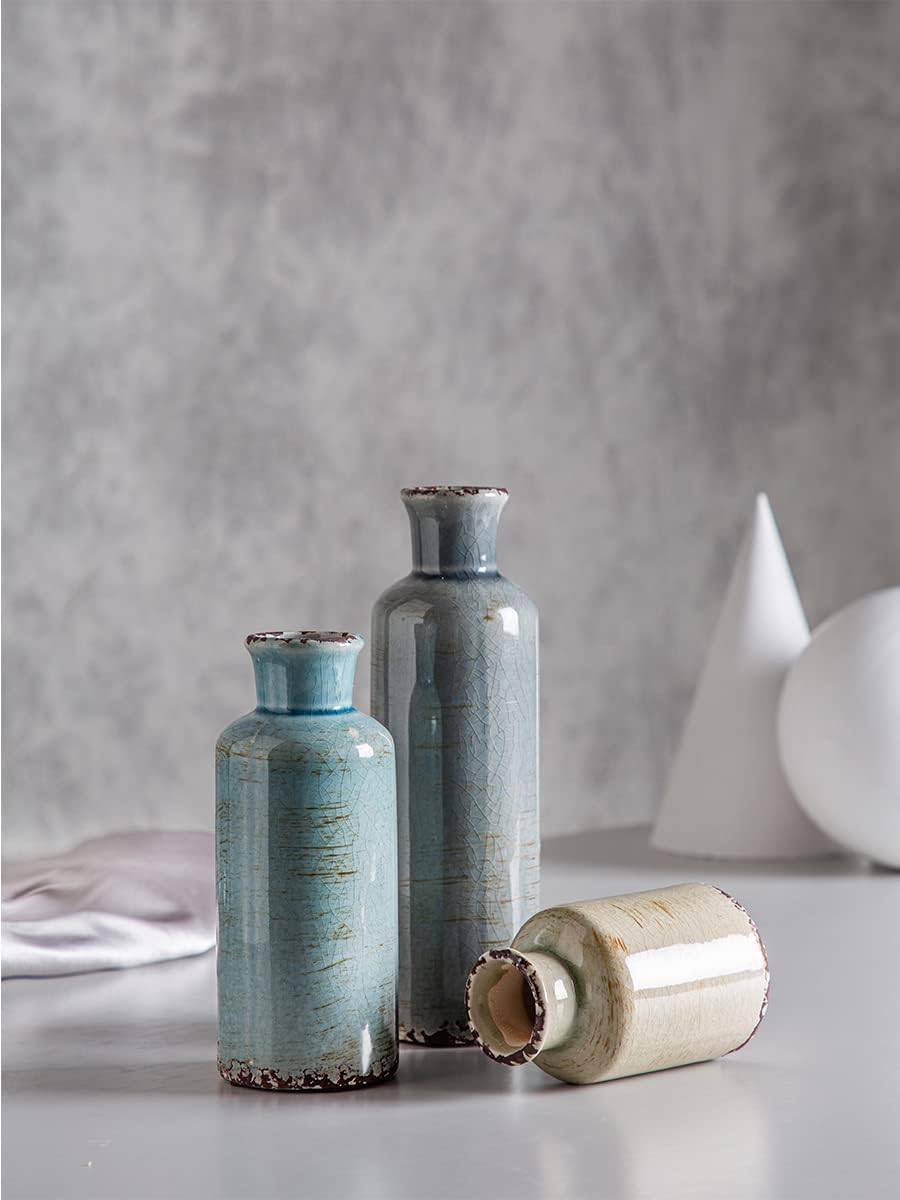 Set of 3 - Ceramic Vases Crackled Finish Blue Farmhouse - STripleB 