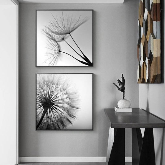 Black and white dandelion 2 Sets Black Frame Canvas - 60cmx60cm - STripleB 