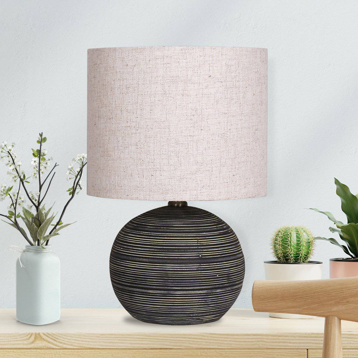 Sarantino Ceramic Table Lamp with Striped Pattern - Antique Black - STripleB 