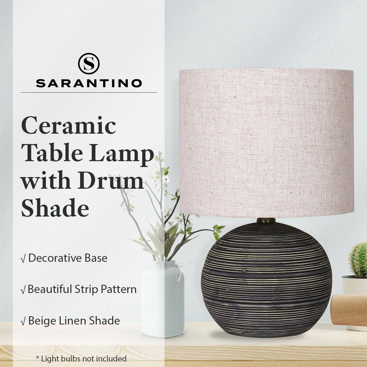 Sarantino Ceramic Table Lamp with Striped Pattern - Antique Black - STripleB 