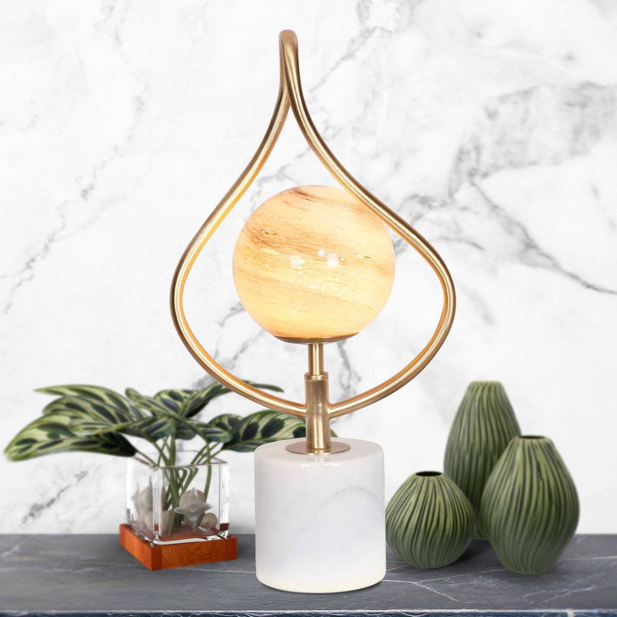 Sarantino Sculptural Orange Glass Table Lamp With White Marble Base - STripleB 