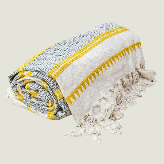 Woven Tassel Natural Yellow Stripe Throw - 127 x 152 cm - STripleB 