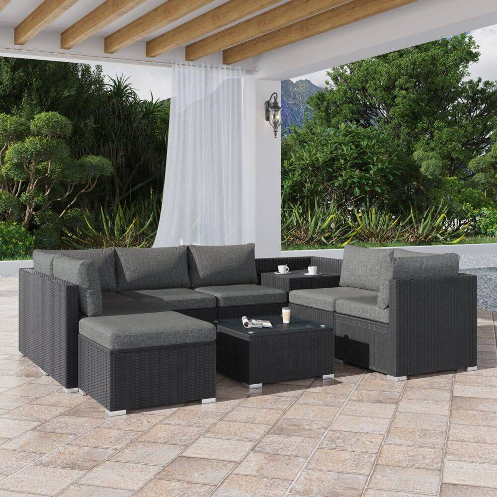 9 PC Outdoor Ottoman Lounge Set - Black - STripleB 