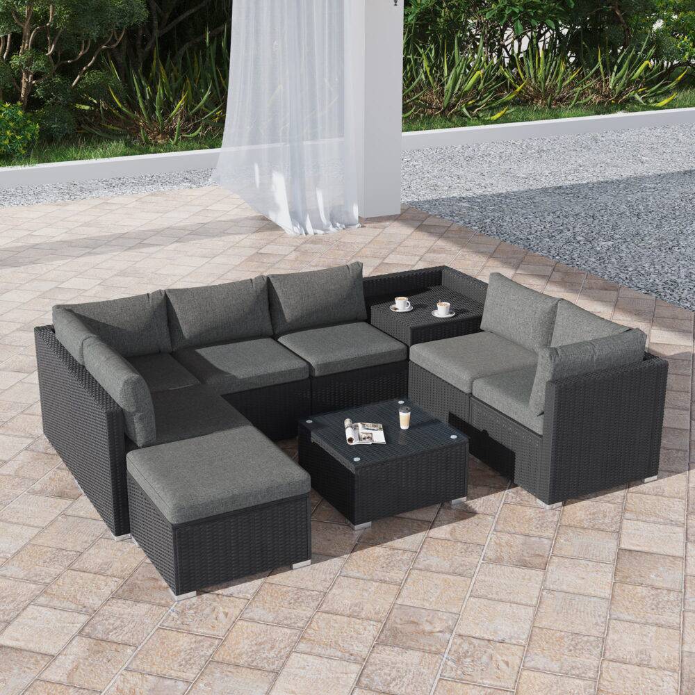 9 PC Outdoor Ottoman Lounge Set - Black - STripleB 