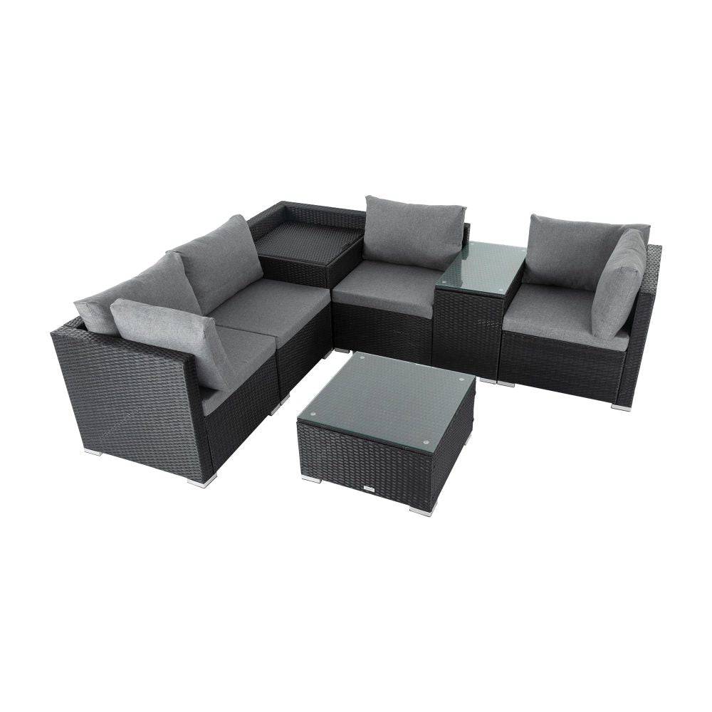 7PC Outdoor Wicker Loveseat Setting with Storage Corner - (Black) - STripleB 