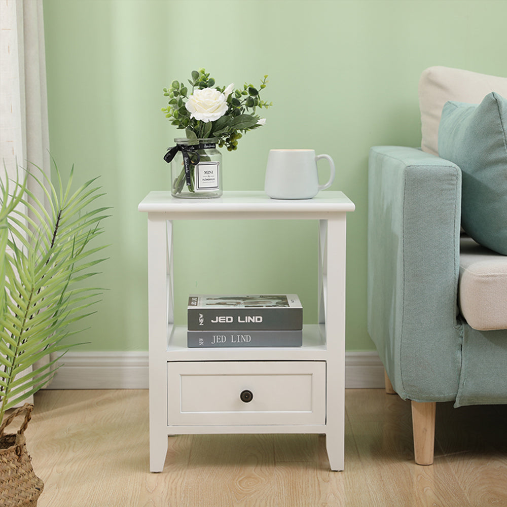 2-tier Bedside Tables - Rustic White - STripleB