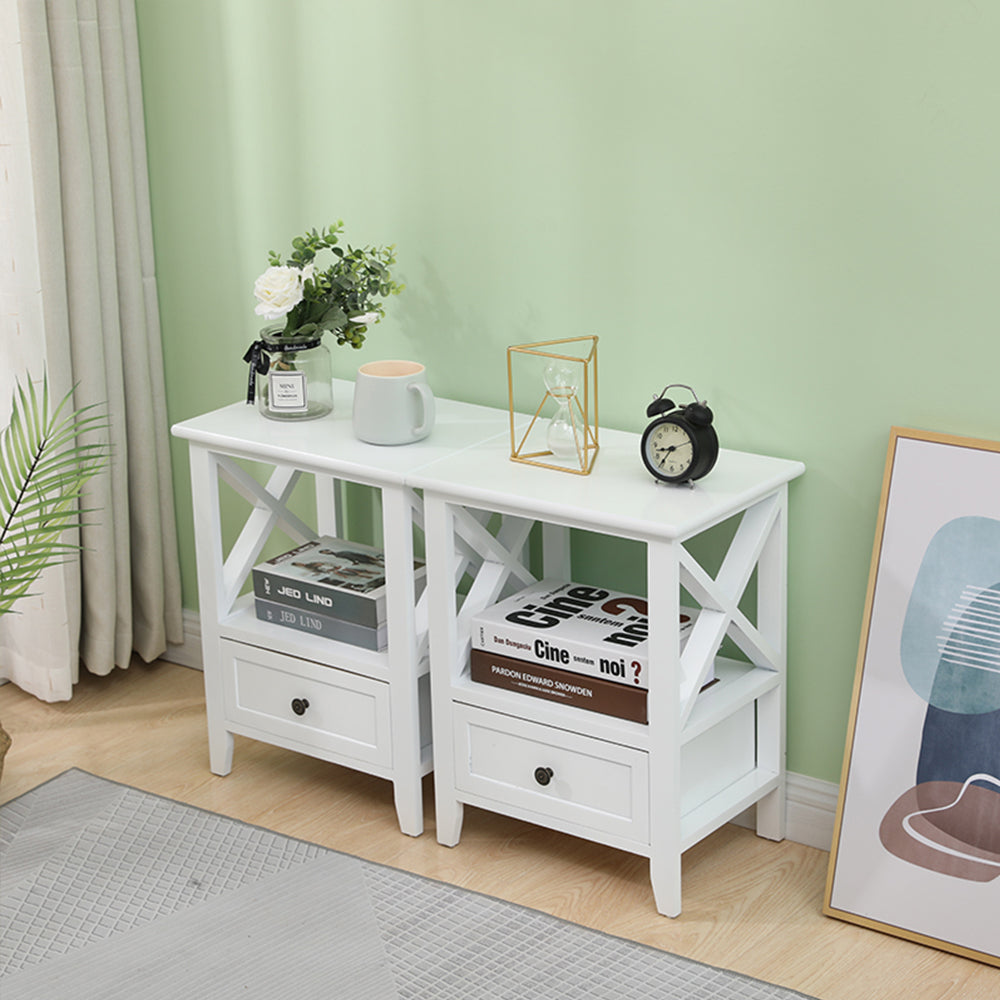 2-tier Bedside Tables - Rustic White - STripleB